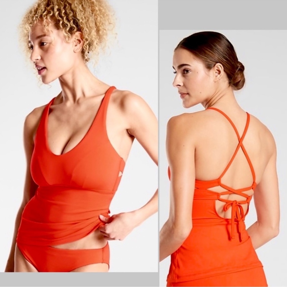 Athleta Triangle Tankini Lace Up Back Orange (Vermillion) Top size M